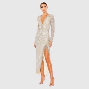 Mac Duggal Silver Long Sleeve Gown